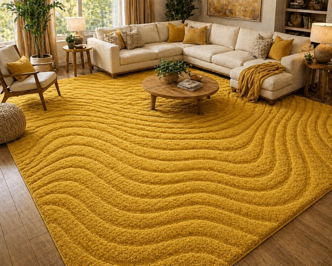 Mustard Yellow Wool Rug, Hand Tufted Area Rug, Modern Wave Pattern ...