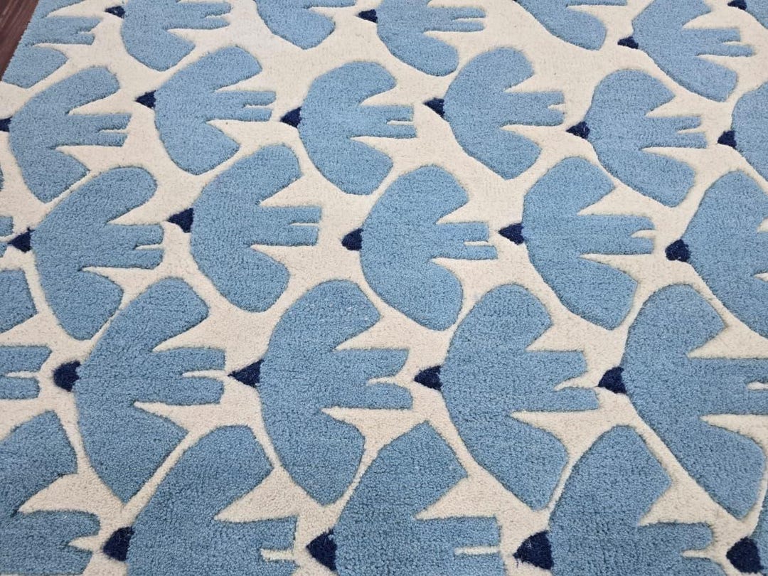 Blue Bird Pattern Hand Tufted Wool Rug, Modern Abstract Area, Ivory ...