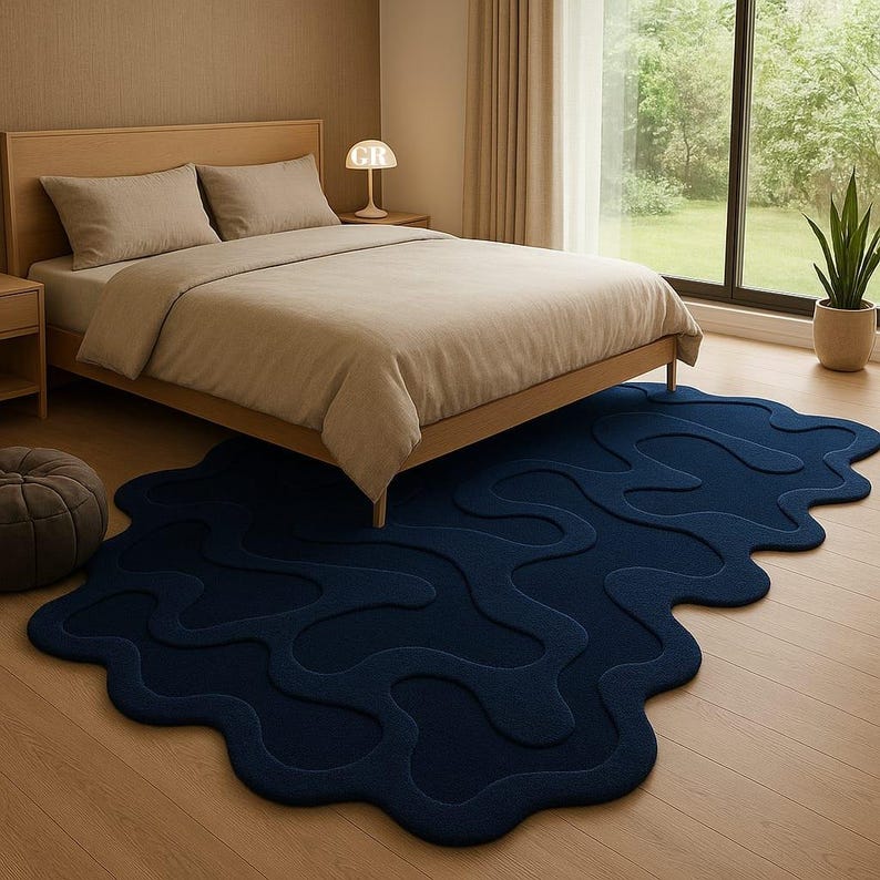 Modern Abstract Wavy Blue Rug – 3D Textured Tufted Carpet for Living ...
