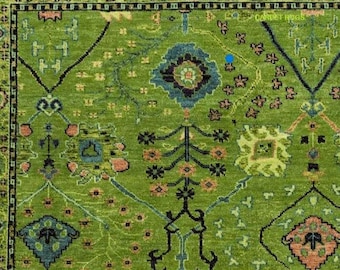 Op de afbeelding: Close-up van een groene vloerkleed met een ingewikkeld patroon. Het kleed heeft een centraal ontwerp met blauwe, roze en zwarte accenten. De rand is donkergroen met een herhalend geometrisch patroon. Het ontwerp van het kleed is gedetailleerd en sierlijk.