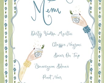 Green Drink Menu Canva Template, Custom Wedding Menu, Editable Table Setting Display, Elegant Hand-Painted Menu Template