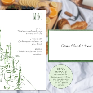 French Inspired, Hand Sketched, Tablescape Menu and Place Card Template for Wedding, Hens, Dinner Party, Printable, INSTANT DOWNLOAD