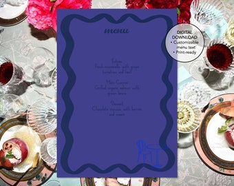 Colourful Wavy, Wriggly Dinner Menu Template, Hand sketched, Wedding/Engagement/Bachelorette, Printable, Digital Template, INSTANT DOWNLOAD