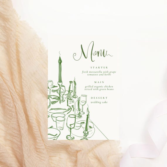 Green Tablescape Dinner Menu Card Canva Template, Custom Wedding Menu, Editable Table Setting Display, Elegant Hand-Painted Menu Template