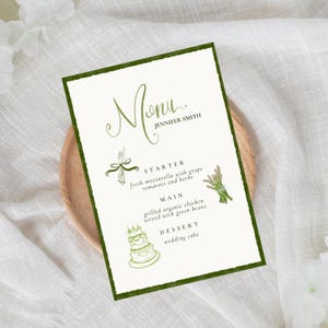 Modelo de cartão de menu de jantar verde elegante Canva, menu de casamento personalizável, destaque de mesa de menu de evento personalizado, modelo de design pintado à mão