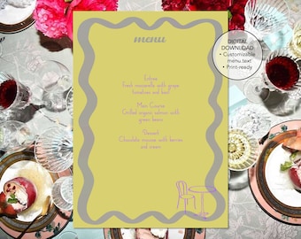 Colourful Wavy, Wriggly Dinner Menu Template, Hand sketched, Wedding/Engagement/Bachelorette, Printable, Digital Template, INSTANT DOWNLOAD