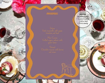 Colourful Wavy, Wriggly Dinner Menu Template, Hand sketched, Wedding/Engagement/Bachelorette, Printable, Digital Template, INSTANT DOWNLOAD