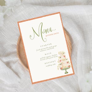 Pfirsich Elegante Kuchen Abendessen Menükarte Canva Vorlage, anpassbares Hochzeitsmenü, bearbeitbares Ereignismenü Design, handbemalte Pfirsich Tischkarte