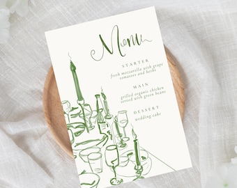 Green Tablescape Dinner Menu Card Canva Template, Custom Wedding Menu, Editable Table Setting Display, Elegant Hand-Painted Menu Template