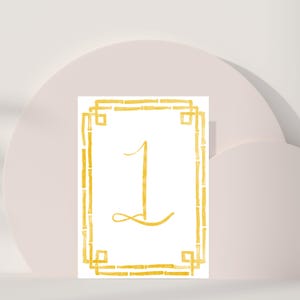 Plantilla Canva de tarjetas con números de mesa para bodas en amarillo, arreglos de mesa de recepción pintados a mano, números de mesa personalizados, letreros de boda personalizados