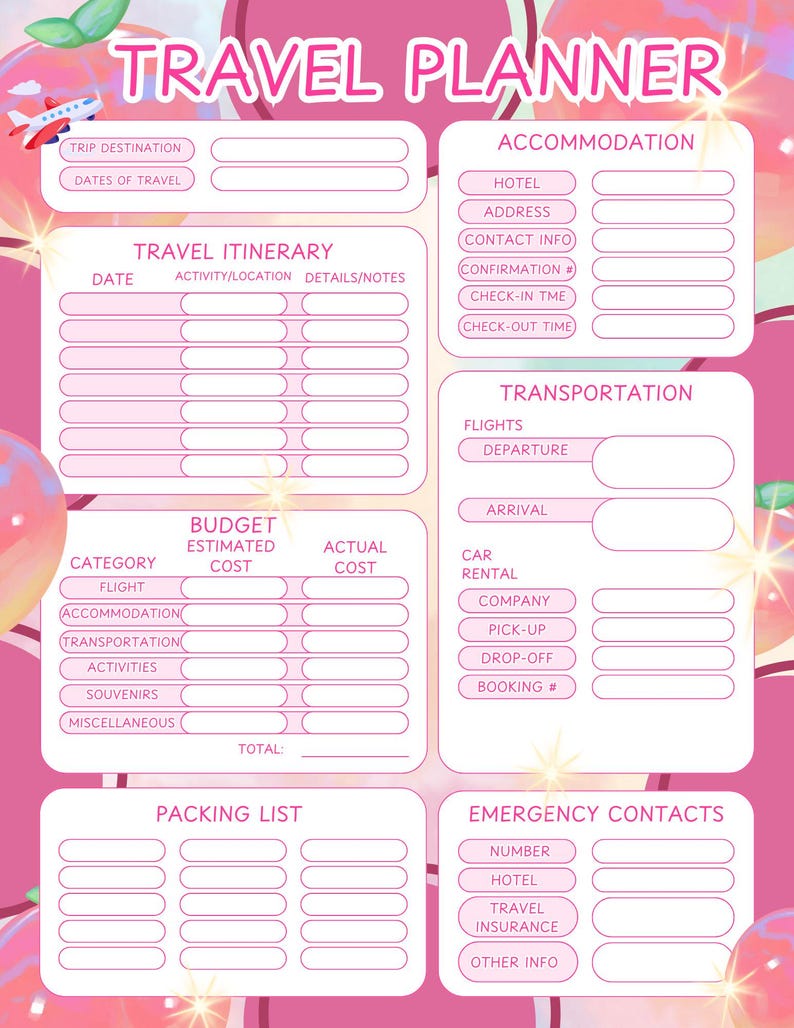 Printable Travel Accommodations Itinerary - Etsy