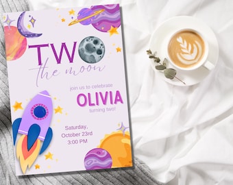 Two the Moon Birthday Digitial Invitation | Space Birthday Invitation | Girl Space Theme Birthday | Second Birthday Inviation