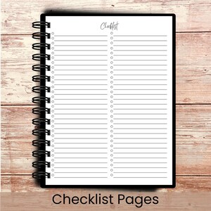 May include: A black spiral-bound notebook with white pages. The word "Checklist" is written in cursive at the top. The notebook has a black border and the text "Checklist Pages" is at the bottom.