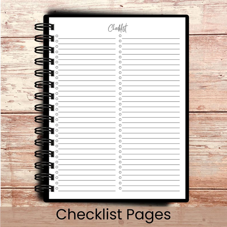 May include: A black spiral-bound notebook with white pages. The word "Checklist" is written in cursive at the top. The notebook has a black border and the text "Checklist Pages" is at the bottom.