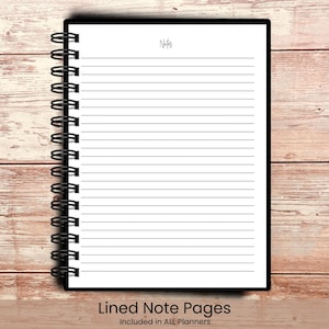 May include: A black spiral-bound notebook with lined white pages. The word "Notes" is written in cursive at the top of the page. The bottom of the page reads "Lined Note Pages Included in ALL Planners".