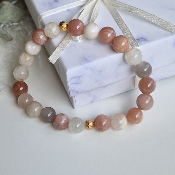 Bracciale in pietra solare naturale con perline placcate in oro 18 carati | Bracciale di perle minimalista ed elegante con affermazioni positive