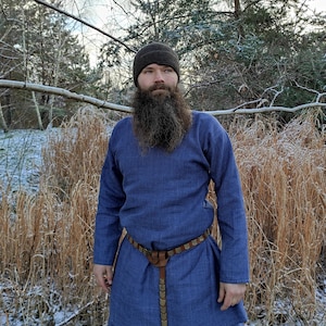 Handmade Herringbone Blue Linen Viking Tunic – Sizes S & L, Medieval Reenactment, LARP Costume, Norse Warrior Attire