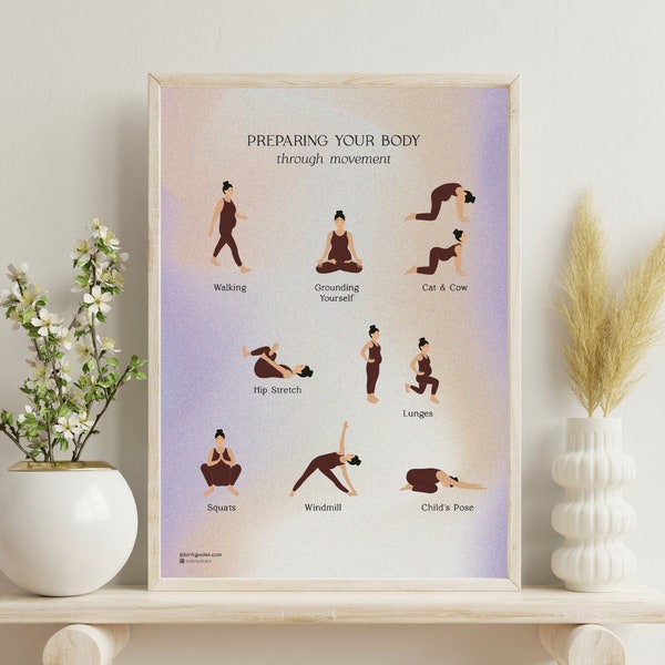 Prenatal Yoga Exercises Poster | Third Trimester Pregnancy | Birth Preparation | Digital Download | Baby Shower Gift | Doula | Swirl Peach
