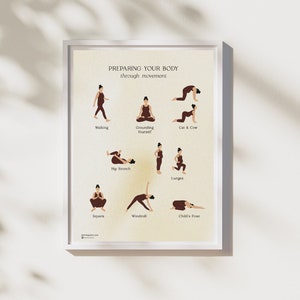 Cartel de ejercicios de yoga prenatal / Embarazo del tercer trimestre / Preparación del parto / Descarga digital / Regalo de baby shower / Partera doula / Beige