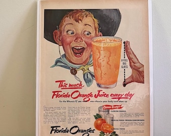 50s Florida Orange Juice Ad | Vintage Florida Oranges Print Ad | Retro Orange Juice Ad | Vintage Diner Decor | 50s Kitchen Decor