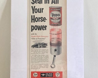 Advertentie met Veedol-motorolie uit de jaren 50: 'Seal in all Your Horsepower'