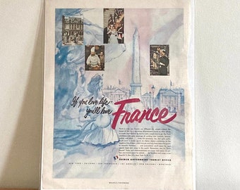 Anuncio turístico vintage de Francia de 1954: póster de viaje retro