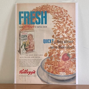 1953 Kellogg&#39;s Corn Flakes Cereal Ad | Vintage Kellogg&#39;s Cereal Print Ad | Retro Cereal Ads | Vintage Diner Decor | Retro Kitchen Ad