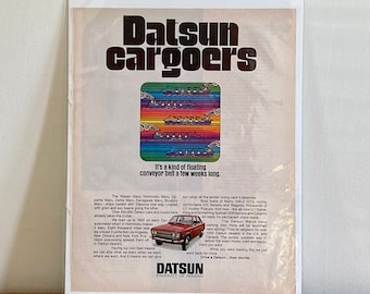 71' Datsun Cargoers Print Ad / Vintage 1971 Datsun 'Kind of a Floating Conveyor Belt' Print Ad / Retro 70s Datsun Ads / Orange Datsun