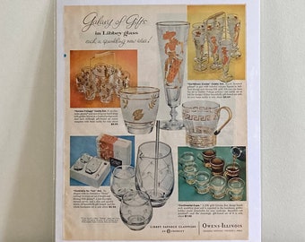 Vintage Libbey Glaswaren-Werbung: Goldener Laubdruck, Retro Bar Decor