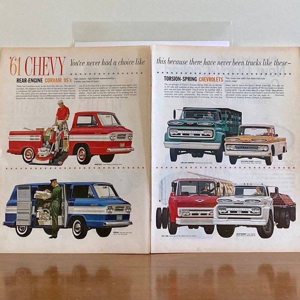 61' Chevy Trucks 2-Page Print Ad | Vintage 61' Chevy 'There Have Never Been Trucks Like This' Truck Lineup Print Ad | 61' Chevy Corvair 95s