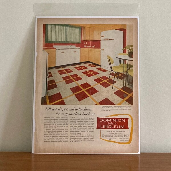 50s Dominion Linoleum Flooring Ad | Vintage Dominion Inlaid Linoleum Ad | Retro 50s Atomic Flooring Ads | Retro 50s Flooring