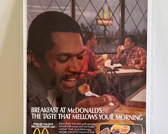 80s McDonald&#39;s Breakfast Print Ad | Vintage &#39;The Taste that Mellows your Morning&quot; McDonald&#39;s Print Ad | Vintage Black Media Print Ads