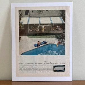 50er Jahre Flexalum Terrassenmarkise Anzeige | Vintage Garten-Terrasse Ad | Retro 50er Jahre Flexalum Markisenreklamen | Retro 50er Jahre Garten Markisen Ad