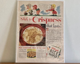 40s Kellogg's Rice Krispies Anuncio / Vintage 1941 Rice Krispies Print Ad / Retro Rice Krispie Treats Ad / Snap Crackle Pop / Vintage Diner Decor