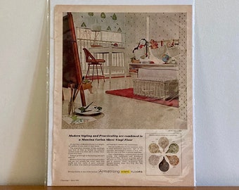 60s Armstrong Montina Corlon Vinyl Flooring Ad / Vintage Armstrong Vinyl Floor Nursery Ad / Retro 60s Flooring Print Ad / Retro 60s Flooring