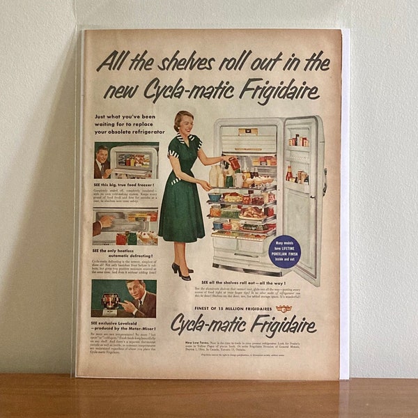 50s Frigidaire Cycla-Matic Refrigerator Print Ad | Vintage Frigidaire Cycla-Matic Pull-Out Shelves Ad | Vintage Kitchen Appliances Ads