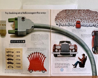 Anuncio impreso de Volkswagen Beetle de 2 páginas de 1972 / Anuncios Volkswagen vintage de los años 70 / Anuncios impresos de coches retro