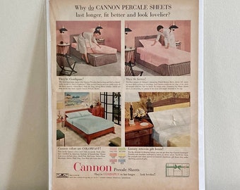 Anuncio de toallas y sábanas de cañón de los años 50 / Anuncio de sábanas de cañón vintage / Anuncios de ropa de cama retro / Anuncio de ropa de cama y toallas vintage de los años 50 / Cañón vintage