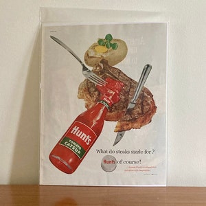 60s Hunt&#39;s Tomato Catsup Ad | Vintage Hunt&#39;s &#39;What do Steaks Sizzle For?&#39; Print Advertisement | Retro Ketchup Print Ad | Vintage Diner Decor
