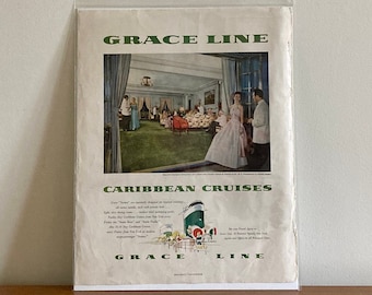Anuncio de cruceros caribeños de Grace Line de los años 50 / Anuncio de crucero 'Santa Ship' de Grace Line vintage 1954 / Publicidad de viajes retro de los años 50