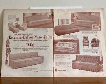 1968 Kroehler Furniture 2-Page Ad | Vintage Kroehler Jubileaders 75th Anniversary Jubilee Ad | Retro 60s Kroehler Furniture | Life Magazine