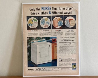 50s NORGE Time-Line Dryer Ad / Vintage Laundry Appliance Ad / Retro Norge Clothes Dryer Ads / Retro Laundry Room Ads / Vintage 50s Home