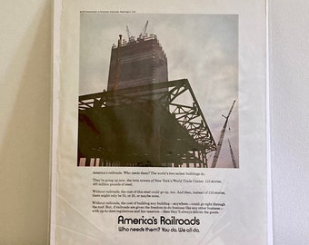 1970 America's Railroads Twin Towers Print Ad | Vintage World Trade Center Print Ad | American Steel Print Ad | Vintage Industrial Ads