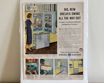 50s GE Straight-Line Refrigerator-Freezer Ad | Vintage General Electric 'Swing Out Shelves' Fridge Ad |  Ad | Vintage GE Appliances Ads