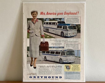 Anúncio de ônibus Greyhound de 1954: Sra. América, propaganda de viagem retrô