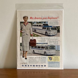 50s Greyhound Bus Advertisement | Vintage Greyhound &#39;Mrs. America goes Greyhound!&#39; Advertisement 1954 | Retro 50s Travel Advertising