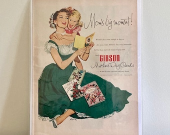 1952 Gibson Mother's Day Card Ad: Vintage 'Mom's Big Moment' Print