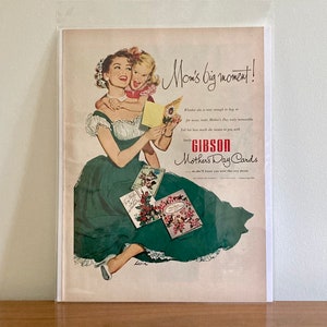 ZELDZAME Gibson-moederdagkaarten uit de jaren 50 | Vintage Gibson 'Mom's Big Moment'-advertentie 1952 | Retro Moederdagadvertenties | Advertenties voor Gibson-wenskaarten uit de jaren 50