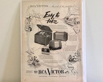 1952 RCA Portable 45 Anuncio impreso de fonógrafo / Vintage RCA Victor 'Easy to Take' Anuncio impreso de radios portátiles / Publicidad RCA vintage