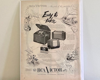 1952 RCA Portable 45 Anuncio impreso de fonógrafo / Vintage RCA Victor 'Easy to Take' Anuncio impreso de radios portátiles / Publicidad RCA vintage